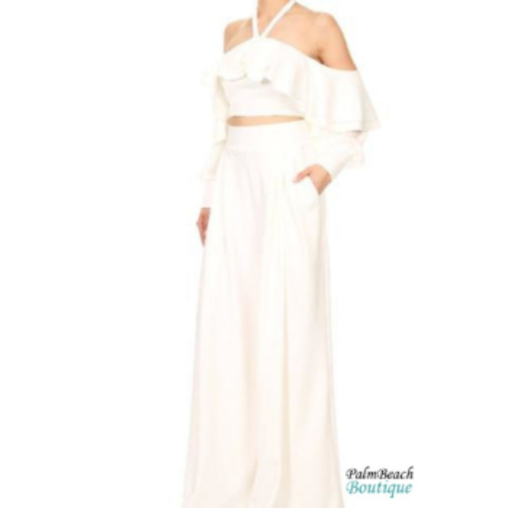 White Off The Shoulder Ruffle Halter Jumpsuit - Picture 2 of 3